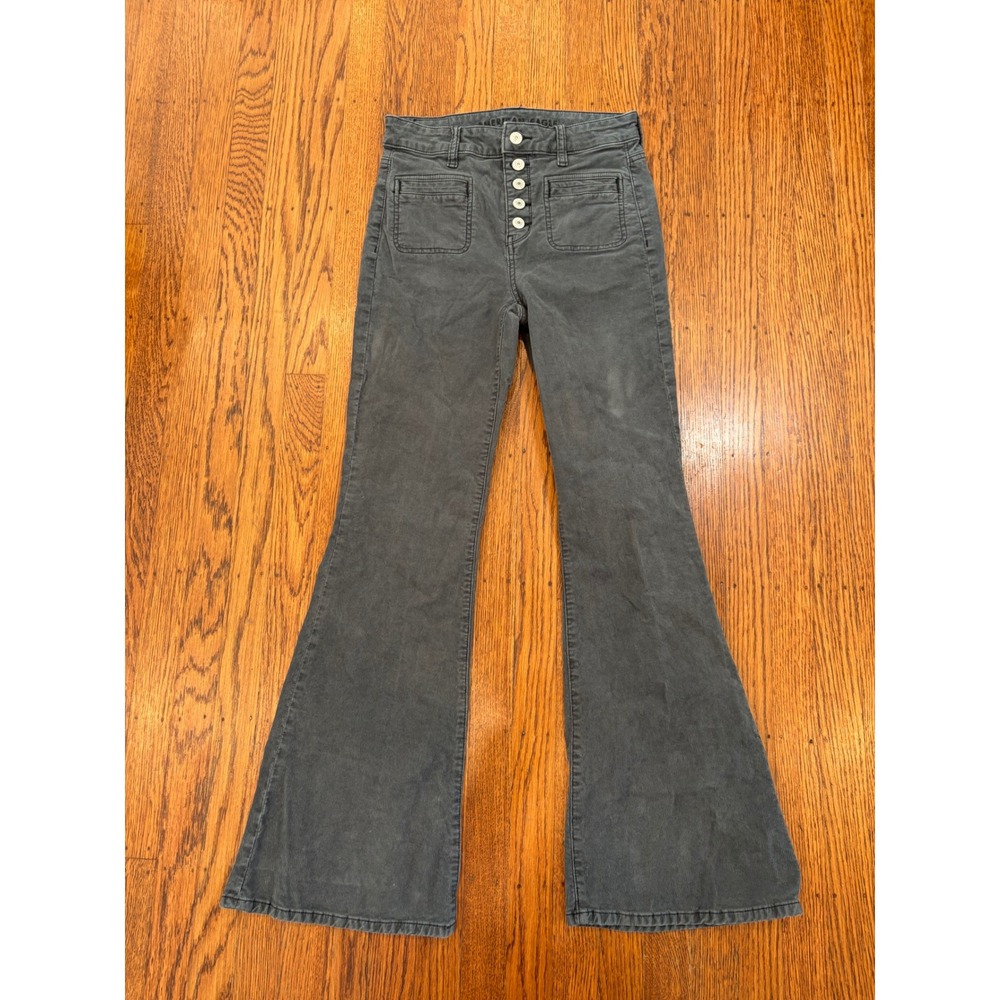 American Eagle Super Hi-Rise Flare Corduroy Pants Gray 2 Regular 70s
